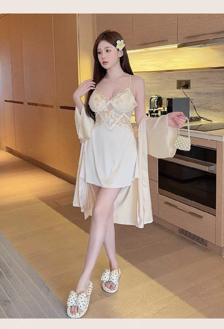 Summer New Ice Silk Pajamas Sexy V Lace Trim Slip Dress with Chest Pads, High-End Pure Desire Style Camisole