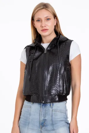 The Yanaka Pythn Skin Leather Black Zip-Up Vest with a Hood Women Jacket The Yanaka Pythn Skin Leather Black Zip-Up Vest with a Hood Women Jacket