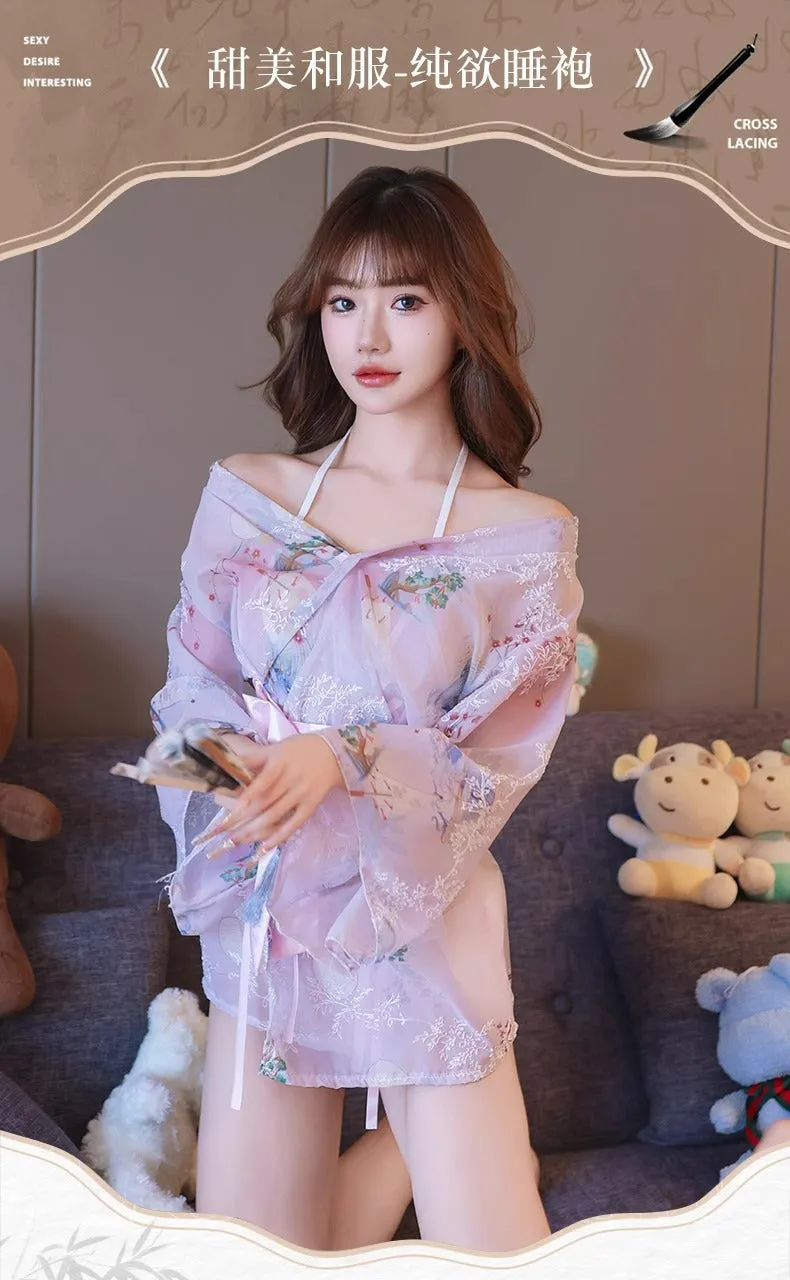 Women's Lingerie Sexy High-End Sensual Strap Nightdress Ice Silk Hanfu2025Hot-Selling Fashion Couple Bathrobe Set